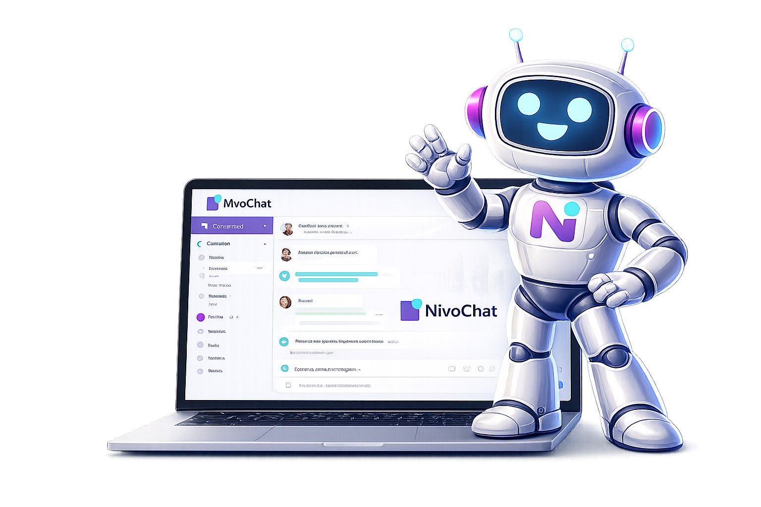 Composição visual NivoChat com notebook e mascote